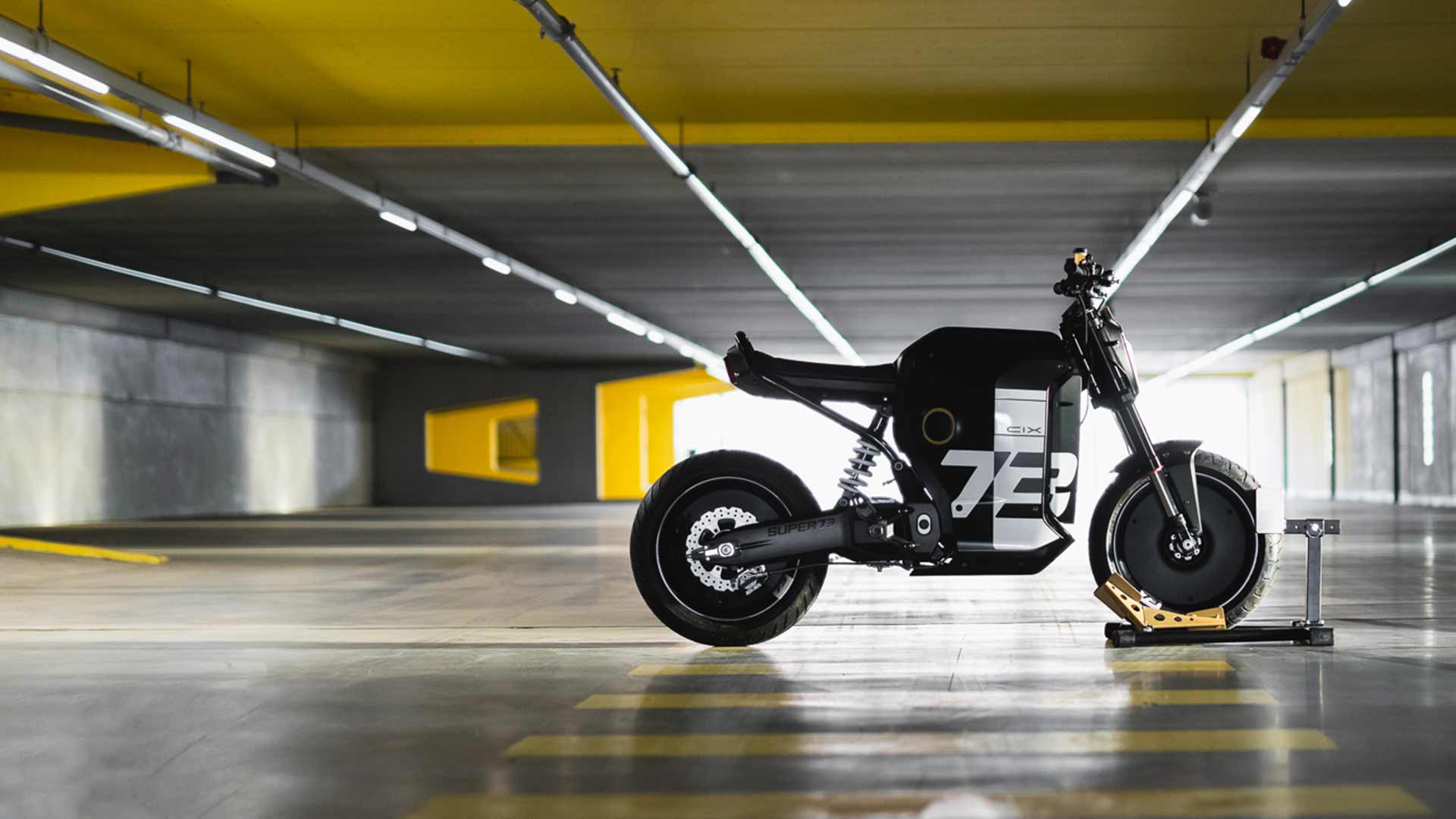 Super73-C1X motorbike in a garage.