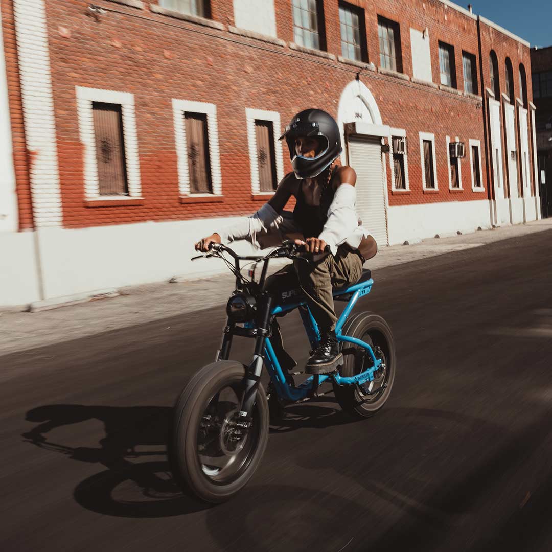 Super73 R Brooklyn ebike headlamp illuminating some fresh trail dust and sunset