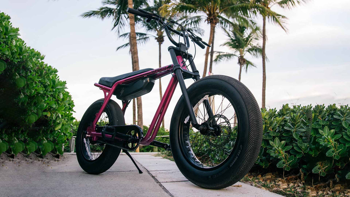 Super73 Z Miami ebike with palm trees and blue skies overhead