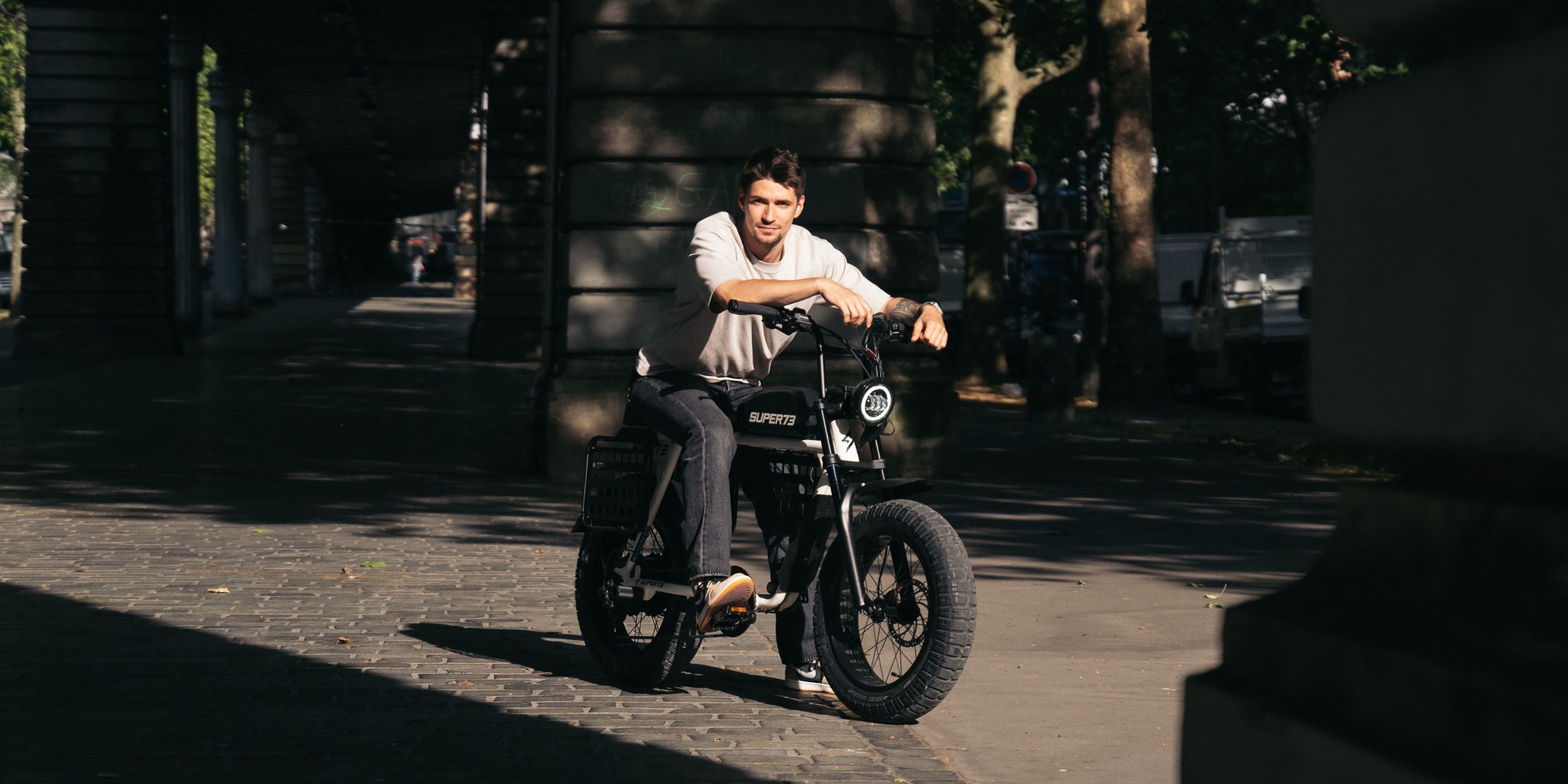 Man riding a Super73-S2 Bone White