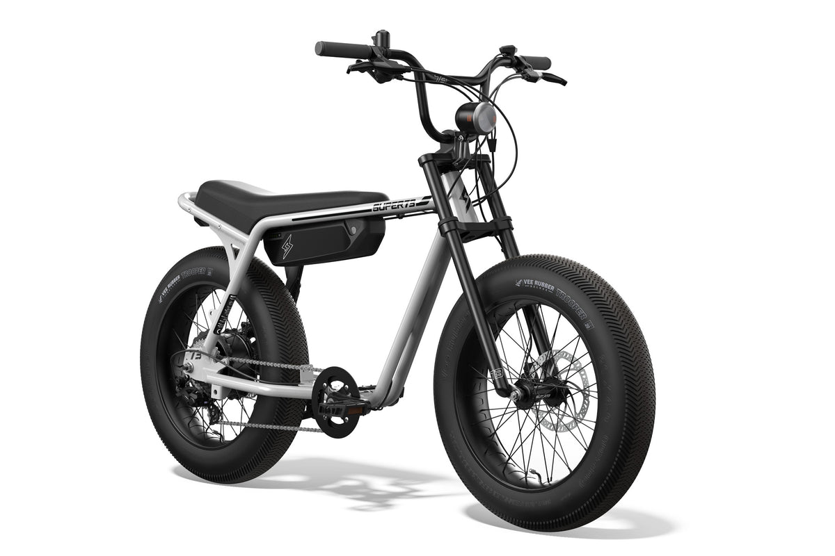 Front side view of SUPER73-Z Miami ebike in Powder Grey. @color_powder grey