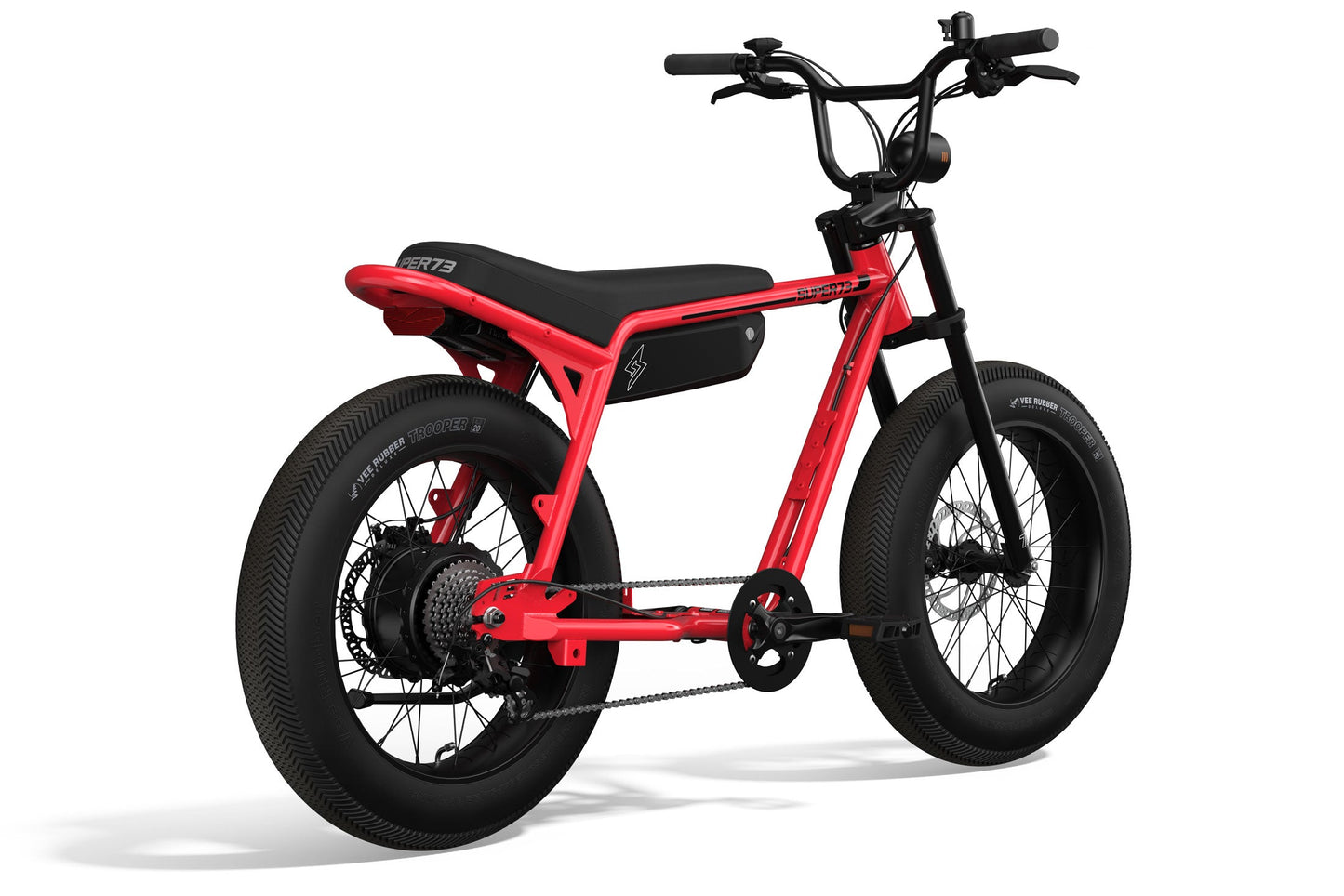 Rear side view of SUPER73-Z Miami ebike in Sriracha. @color_sriracha