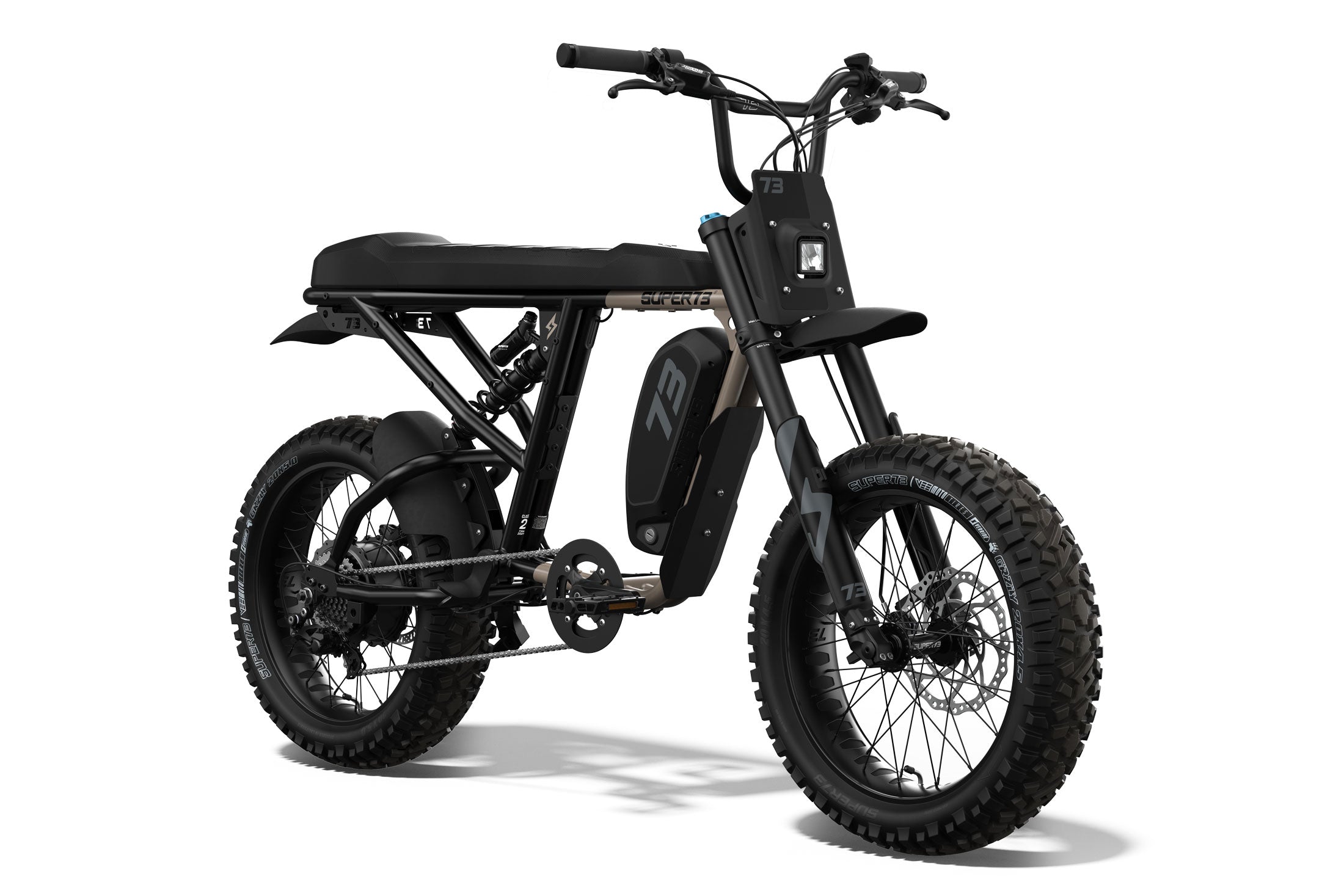 Front/side view of the SUPER73 R Adventure ebike. @color_sandstorm