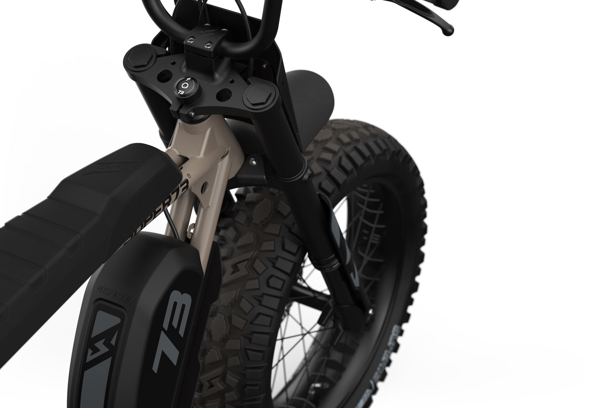 Detail shot of SUPER73 S Adventure ebike front fork.