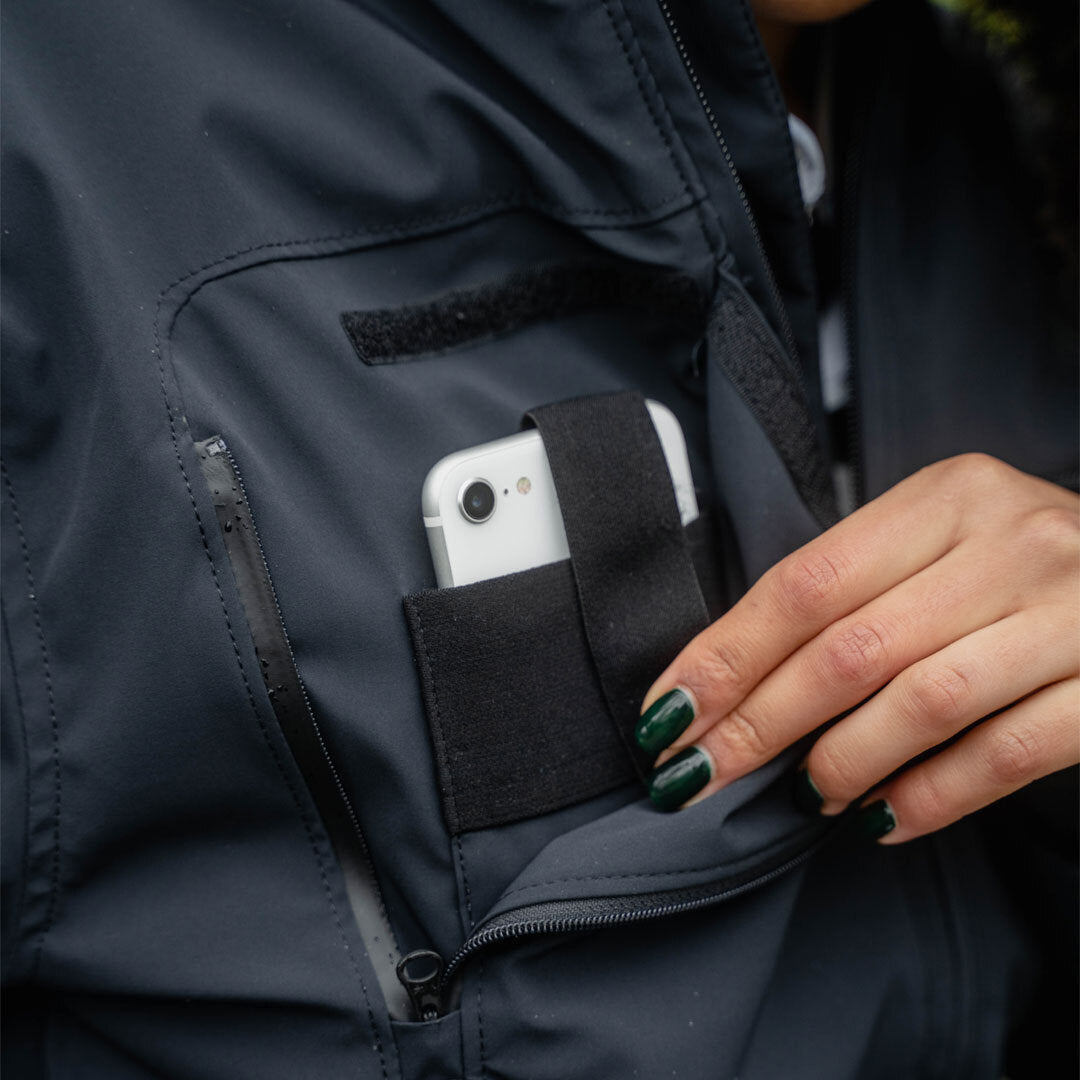 Model wearing a Super73 and Field Research Division Collection Royce Jacket detail view